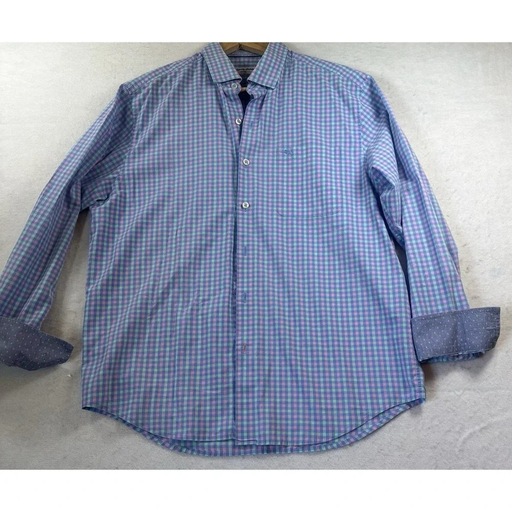 Tommy Bahama Island Zone Shirt Mens Medium Check Flip Cuff Contrast Trim L/S Med